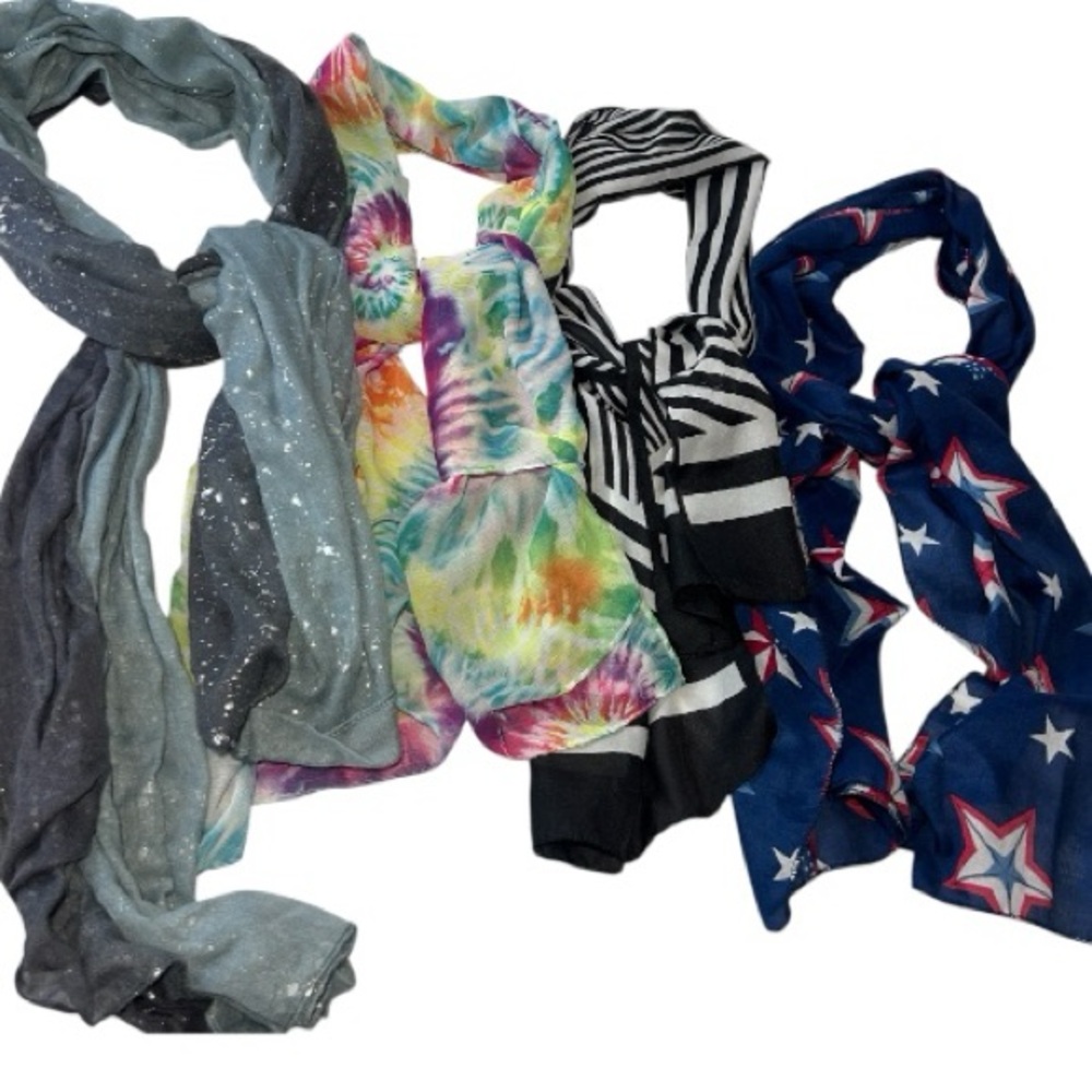 Colorful Tie-Dye & Starry Night 4 Scarves Bundle | Boho, Retro, Americana Vibes